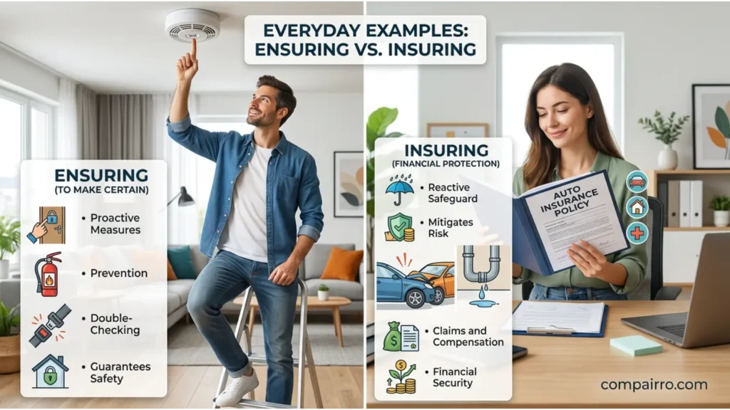 Ensuring or Insuring in Everyday Examples