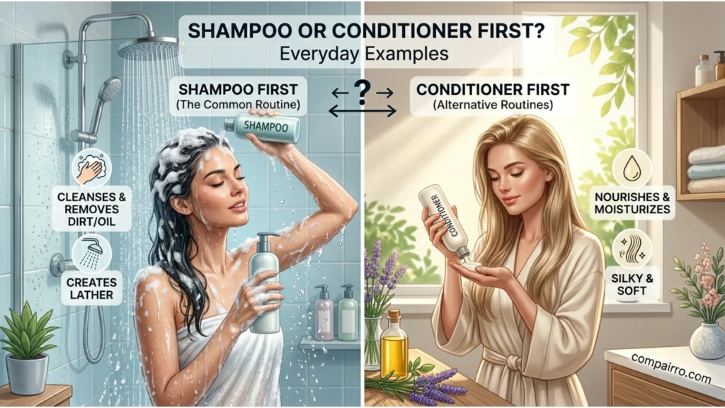 Shampoo or Conditioner First in Everyday Examples