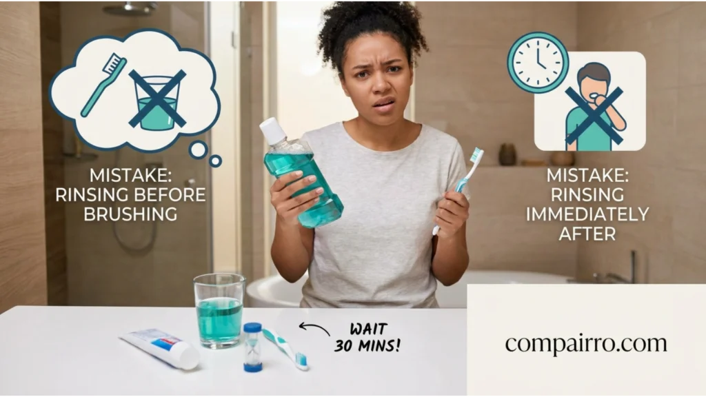 COMMON MISTAKES WITH MOUTHWASH BEFORE OR AFTER BRUSHING