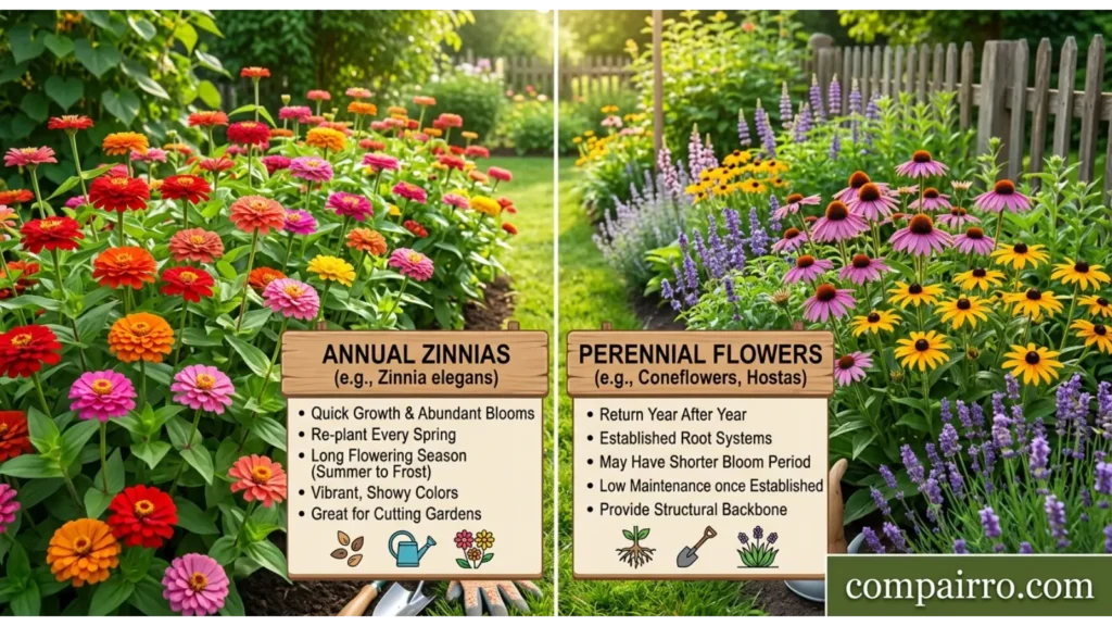 Comparison Table: Annual Zinnias vs Perennial Flowers